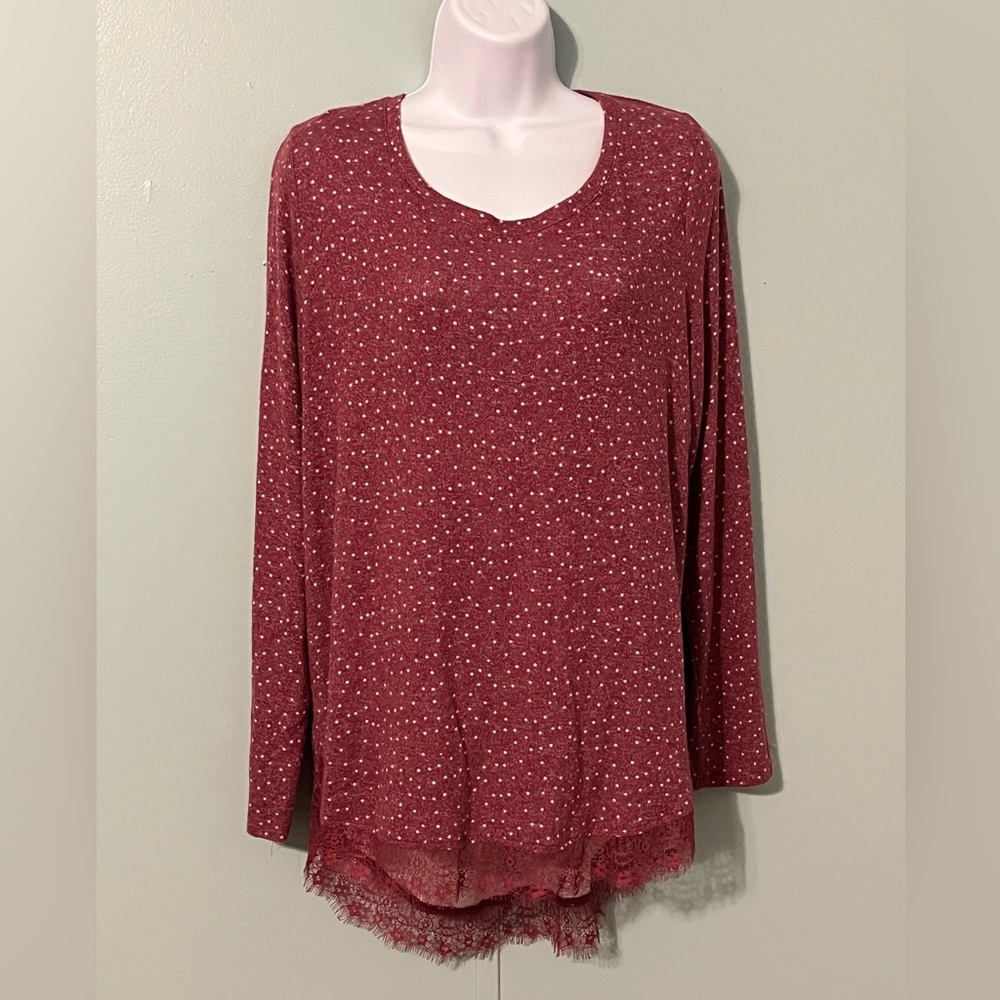 Laura Conrad Blouse Long Sleeve Size Large Polka Dots‎ Lace Ties at Neck